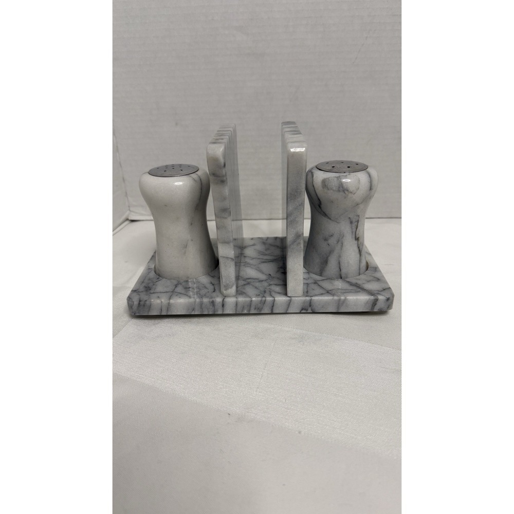 Vintage White Gray Marble Napkin Holder Salt Pepper Shaker Holder Set MCM